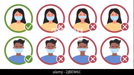 La gente indossa la maschera medica del viso con un corretto e sbagliato set di illustrazione vettoriale infografica. Avatar di cartone animato di ragazzo e ragazza con errore e metodo di protezione diritto. Concetto di prevenzione Illustrazione Vettoriale