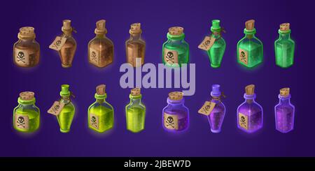 Bottiglie con veleni, elisir tossici e acidi chimici. Set di cartoni vettoriali in vetro con pozioni magiche liquide verdi, marroni e viola, etichette e cartellini con segno cranio e crossbones Illustrazione Vettoriale
