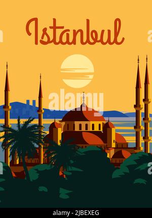 Poster retrò di Istanbul, tramonto città Turchia, Noble Hagia Sophia Grande Moschea. Cartolina turistica d'epoca Illustrazione Vettoriale