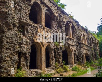 Fortezza abbandonata fuori, rovinata cittadella boscosa Tarakaniv, Ucraina Foto Stock