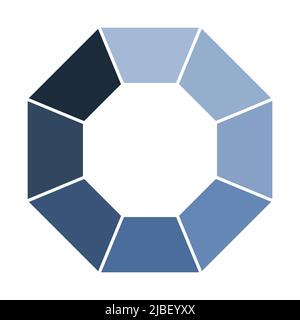Icona del modello infografico Octagon. Layout dei simboli grafici, blu su sfondo bianco. diagramma a 8 fasi separate. Semplice vettore di disegno piatto multicolore Illustrazione Vettoriale