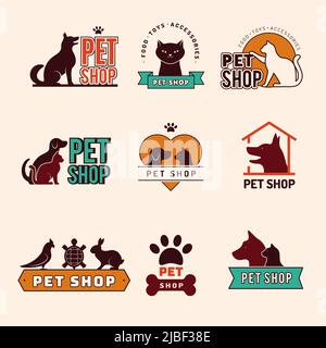 Logo del negozio di animali domestici. Zoo mercato emblemi cani gatti e altri animali domestici silhouette per i badge design progetti recenti modelli vettoriali con posto per Illustrazione Vettoriale