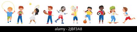 Cartoon sportive boy girl child characters run marathon, roller skate or skateboard, jump rope, play soccer tennis baseball games isolated. Happy kids do sports exercises vector illustration. Illustrazione Vettoriale