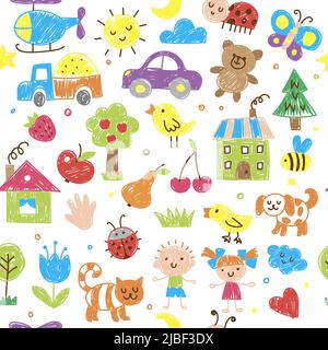 Modello disegnato dai bambini. Divertente matite doodle schizzi disegnati erba alberi nuvole fiori animali case recenti vettore senza giunture sfondo Illustrazione Vettoriale