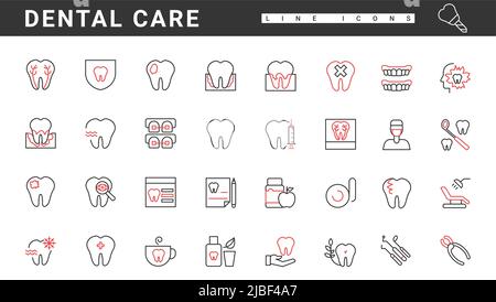 Dental Care icone sottili di linea rossa e nera set di illustrazioni vettoriali. Strumenti odontoiatrici astratti ed esame ortodontico in clinica di stomatologia, cattivo trattamento dei denti umani e sintomi di carie Illustrazione Vettoriale