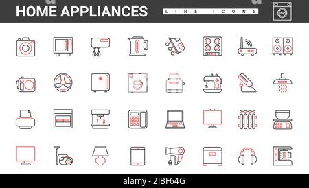 Apparecchiature elettriche per la casa, elettrodomestici sottili icone di colore rosso e nero set di illustrazioni vettoriali. Astratto utensili domestici e dispositivi per cucinare cibo in cucina, casa di pulizia, cura dei capelli Illustrazione Vettoriale