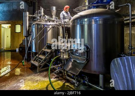 Segull 67 è una piccola birreria artigianale a conduzione familiare situata nel villaggio di pescatori di Siglufjörður, Islanda. Segull significa magnete in islandese e l'ago magnetico (noth magnetico) della bussola fa parte del logo Foto Stock