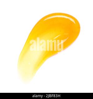 Crema di gel giallo trasparente sbavatura con bolle macro isolate su sfondo bianco vista dall'alto Foto Stock