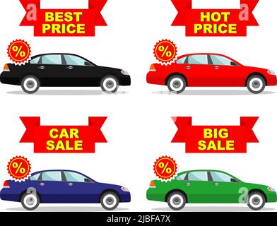 Showroom per auto. Grande vendita. Prezzo caldo. Miglior prezzo. Set di icone di sconto per le auto. Auto business class colorata isolata su sfondo bianco in piano Illustrazione Vettoriale