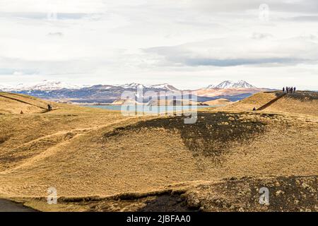 Skútustaðagígar in Islanda è ben noto per gli pseudocrater formati dal flusso di lava, circondati dalle zone umide del lago Mývatn, note per l'avifauna Foto Stock