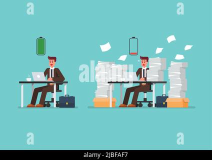 Uomo con batteria piena e uomo con batteria scarica seduto al tavolo con laptop e pila di carte. Illustrazione vettoriale Illustrazione Vettoriale