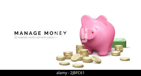 Piggy banca con pila di monete d'oro. Concetto di risparmio di denaro. 3D stack realistico di maiale e denaro. Investimento finanziario e concetto di business. Illustrazione vettoriale Illustrazione Vettoriale