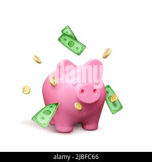 Piggy banca e cadere carta verde denaro e monete d'oro. Concetto di risparmio di denaro. Banner di investimento finanziario isolato su sfondo bianco. Vettore illustrati Illustrazione Vettoriale