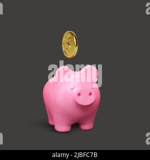 Rosa pig pig banca su sfondo scuro. Concetto di business creativo del denaro. Realistiche monete d'oro 3D design. Investimenti finanziari sicuri o servizi finanziari Illustrazione Vettoriale