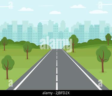 Strada per la città. Strada vuota con paesaggio urbano all'orizzonte. Illustrazione vettoriale Illustrazione Vettoriale