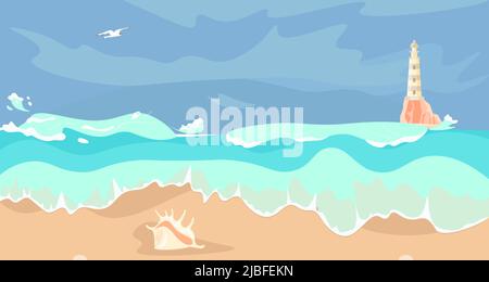 Bandiera orizzontale di mare astratto con tempesta sul mare e faro Illustrazione Vettoriale