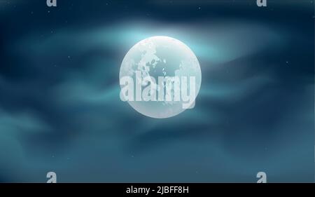 Cielo notturno blu scuro con luna piena e molto sfondo stelle lucente Illustrazione Vettoriale