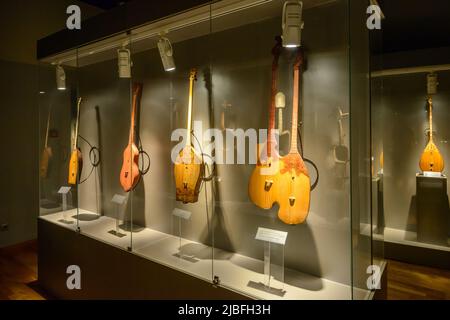 Museo degli strumenti nazionali kazaki/Almaty, Kazakhstan - 10 aprile 2014; mostra diversi tipi di strumenti musicali popolari kazaki Foto Stock