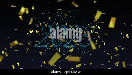 Immagine del testo del 2023 in blu con fuochi d'artificio blu del nuovo anno e confetti d'oro nel cielo notturno Foto Stock