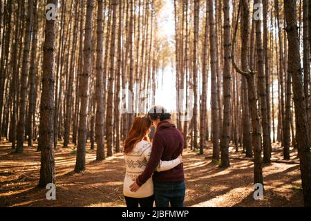 Vista posteriore di giovane coppia irriconoscibile che si abbraccia l'un l'altro nella foresta autunnale nel parco nazionale in canada Foto Stock