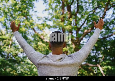 Vista posteriore del giovane felice che fa l'esercizio stretching e sollevando le mani in su all'aperto nella foresta, fine settimana via e concetto di detox digitale. Foto Stock