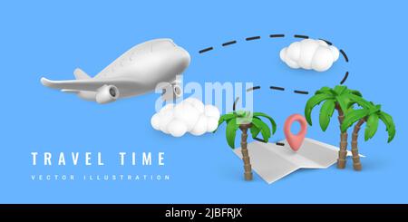 Promozione del tempo di viaggio banner design. Oggetti vettoriali di rendering realistico Summer 3D. Palma tropicale, piano, marcatore puntino sulla mappa. Illustrazione vettoriale. Illustrazione Vettoriale