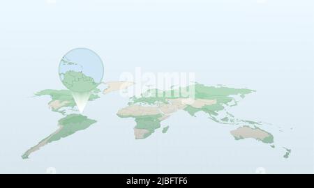 Mappa del mondo in prospettiva che mostra la posizione del paese Trinidad e Tobago con mappa dettagliata con bandiera di Trinidad e Tobago. Vettore illustrati Illustrazione Vettoriale