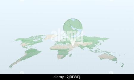 Mappa del mondo in prospettiva che mostra la posizione del paese Qatar con mappa dettagliata con bandiera del Qatar. Illustrazione vettoriale. Illustrazione Vettoriale