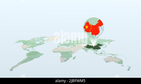 Mappa del mondo in prospettiva che mostra la posizione del paese Cina con mappa dettagliata con bandiera della Cina. Illustrazione vettoriale. Illustrazione Vettoriale