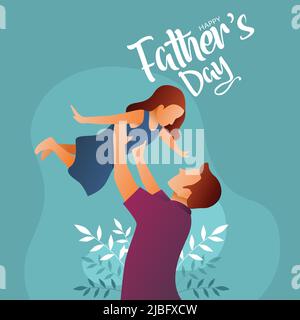 figlia su suo padre mani su sfondo blu, felice internazionale padre giorno concetto, può essere utilizzato per carta, poster, sito web, brochure. vettore illu Illustrazione Vettoriale