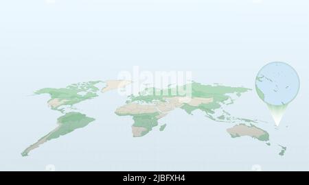 Mappa del mondo in prospettiva che mostra la posizione del paese Vanuatu con mappa dettagliata con bandiera di Vanuatu. Illustrazione vettoriale. Illustrazione Vettoriale