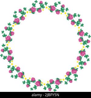 Corona di fiori rosa di trifoglio e margherite bianche. Telaio rotondo, pianta luminosa carina con foglie di shamrock. Decorazioni natalizie per matrimoni, feste, cartoline, poster e design. Illustrazione piatta vettoriale Illustrazione Vettoriale