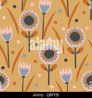 Motivo vettoriale senza cuciture con fiori disegnati a mano su sfondo beige. Moderno design della carta da parati floreale estiva. Tessuto di moda decorativo semplice. Illustrazione Vettoriale