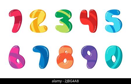 Coloratissimi numeri cartoni animati 1-10 per bambini, modello carta di compleanno. Set di illustrazioni vettoriali isolato su sfondo bianco. Numeri 1, 2, 3, 4, 5, 6, 7, 8, 9, 0. Illustrazione Vettoriale