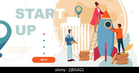 Imprenditorialità, lavoro di squadra, sostegno finanziario, investimenti, franchising concept landing page. La gente sta costruendo un razzo della navicella spaziale. Sistema aziendale, startup aziendale, illustrazione vettoriale di impresa. Illustrazione Vettoriale