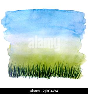 Acquerello sfondo Primavera Estate blu cielo e verde erba. Illustrazione vettoriale Illustrazione Vettoriale