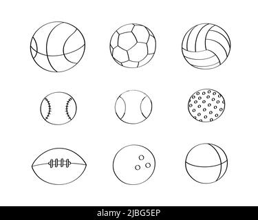 Carino set di palline sportive icone cartoon e oggetti. Illustrazione Vettoriale