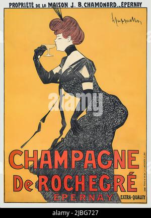 Un giro del 20th secolo pubblicitaria poster di Leonetto Cappiello (1875-1942) per Champagne de Rochegre mostrando una donna assaggiando la bevanda da un bicchiere di champagne. Foto Stock