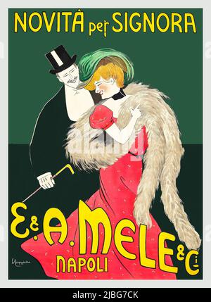 Un volgere del 20th secolo di poster pubblicitario di Leonetto Cappiello (1875-1942), per il grande magazzino napoletano italiano Mele, a Napoli promuovendo nuove mode per le donne. Foto Stock