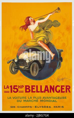 Un giro del 20th secolo pubblicitaria poster di Leonetto Cappiello (1875-1942), per un'auto realizzata dalla Société des Automobiles Bellanger Frère, un'azienda automobilistica francese tra il 1912 e il 1925, successivamente acquistata dalla Peugeot Company. Foto Stock