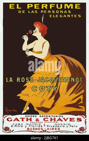 A volgere del 20th secolo pubblicitaria di Leonetto Cappiello (1875-1942), che illustra una donna che puzza una rosa, la pubblicità è per la Rose Jacqueminot di Coty, una fragranza per le donne lanciata nel 1906 Foto Stock