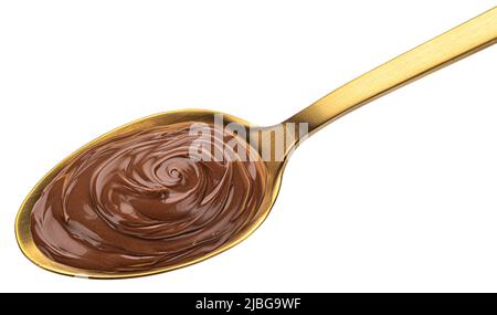 Crema di nocciole in cucchiaio isolato su sfondo bianco Foto Stock