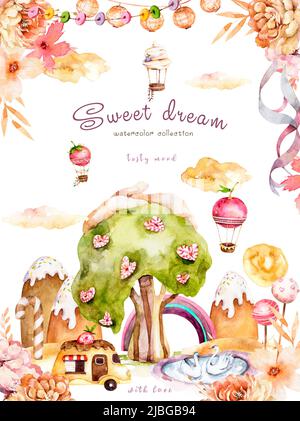 albero di caramelle, acquerello, dolce sogno d'infanzia, alberi di caramello. Città fantasy con castelli torta. Estate, illustrazione isolata su sfondo bianco in Foto Stock