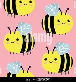 Vettore senza cuciture modello di bumblebee piatto disegnato a mano isolato su sfondo rosa Illustrazione Vettoriale