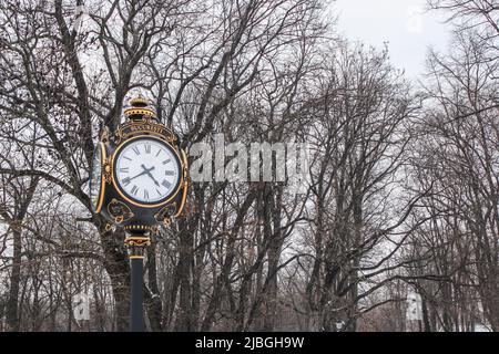 Orologio monumento nel Parco Herastrau a Bucarest, Romania nella stagione invernale. Bucuresti significa Bucarest in rumeno. Foto Stock