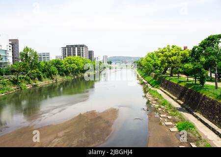 L'immagine del fiume Shirakawa a Kumamoto, Giappone. Questo scatto è stato preso dal ponte vicino a Suidocho, che è l'area centrale della città di Kumamoto. Foto Stock