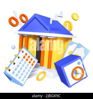Prestito bancario e finanza - moderno realistico colorato 3D illustrazione. Composizione colorata con edificio classico con colonne, calendario, cassaforte in ferro, cas