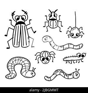 Raccolta di insetti carini - scarabei, ragni e vermi. Disegno lineare a mano. Illustrazione vettoriale. Elementi isolati per design, decor, decorazione e. Illustrazione Vettoriale
