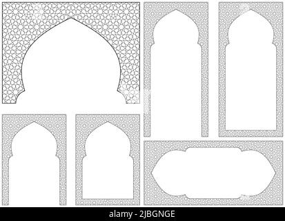 Un set di sei elementi di progettazione. . Ornamento in stile geometrico arabo. Arco, proporzione di due fotogrammi A4, proporzione di due fotogrammi 2 x1 ed elemento bonus Illustrazione Vettoriale