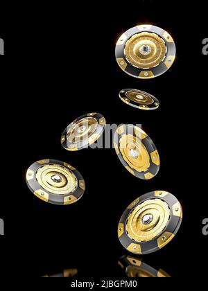 vintage poker chip d'oro cadere su nero. 3d rendering Foto Stock